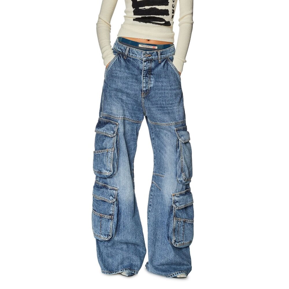 Diesel D-Sire Wide Leg Cargo Jeans Medium Blue Size 25